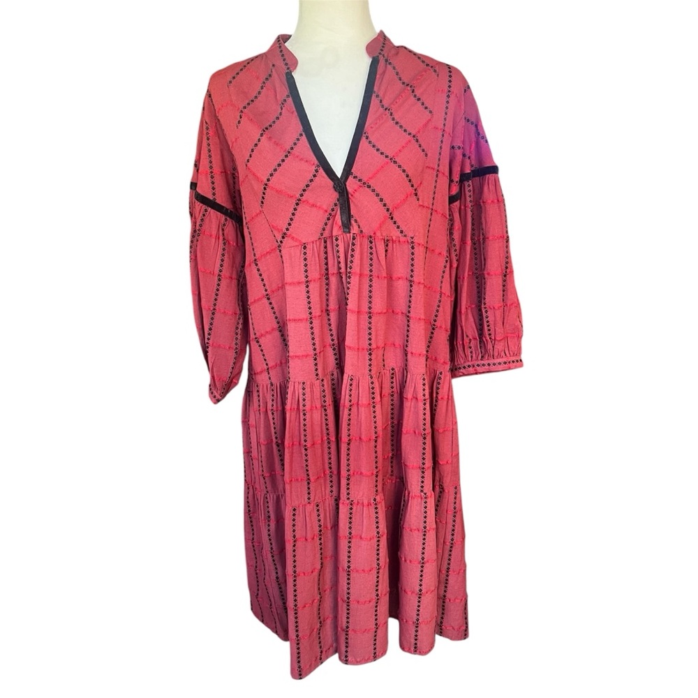 Uncle Frank Brick Red Oversize Embroidered Tiered Dress Velvet Trim size Small
